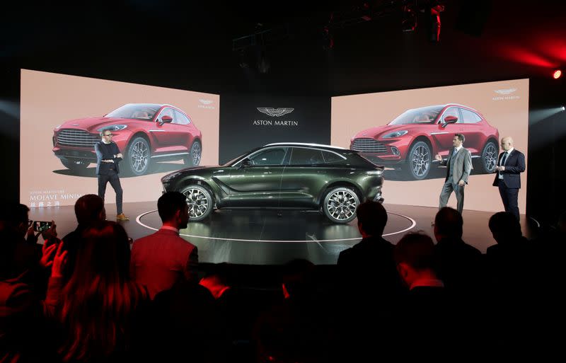 Aston Martin DBX, the company's first sport utility vehicle, is displayed at its global launch ceremony in Beijing