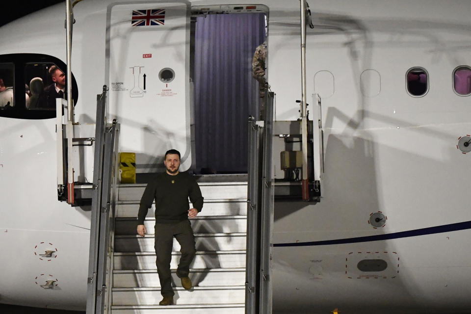 Ukrainian President Volodymyr Zelenskyy arrives at the Orly airport, south of Paris, Wednesday, Feb. 8, 2023. Ukrainian President Volodymyr Zelenskyy will later have a working diner with French President Emmanuel Macron and German Chancellor Olaf Scholz at the Elysee Palace (Julien de Rosa, pool via AP)