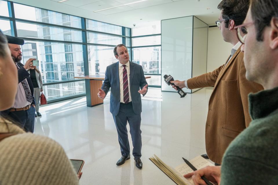 Following a 45-minute presentation by litigation attorney TJ Tuner, stopped outside of the courtroom at Travis County Court to answer questions from local journalists on Wednesday, January 31, 2024.