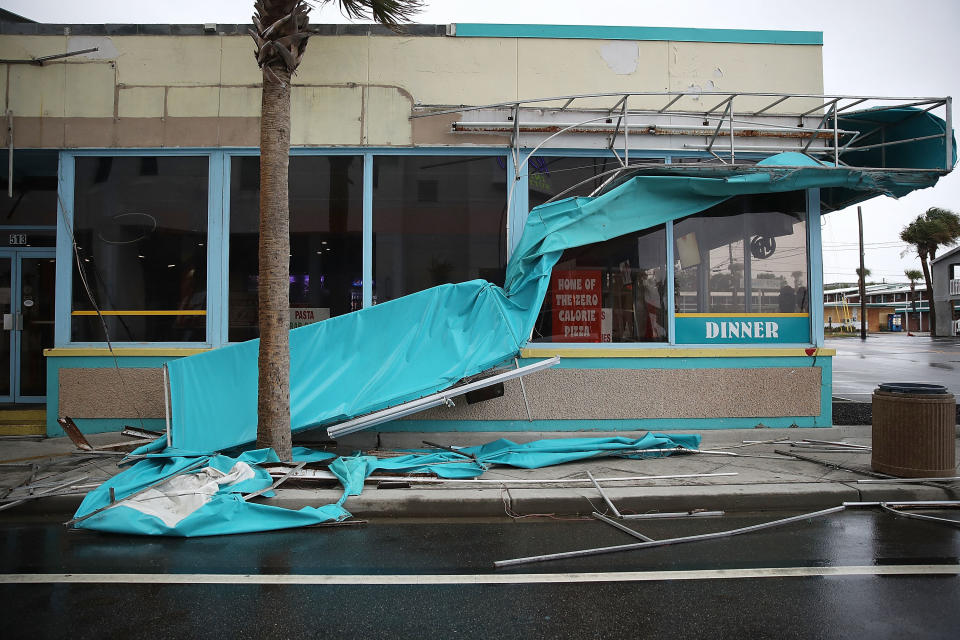 Winds from Hurricane Florence damaged an awning in Myrtle Beach on Friday.