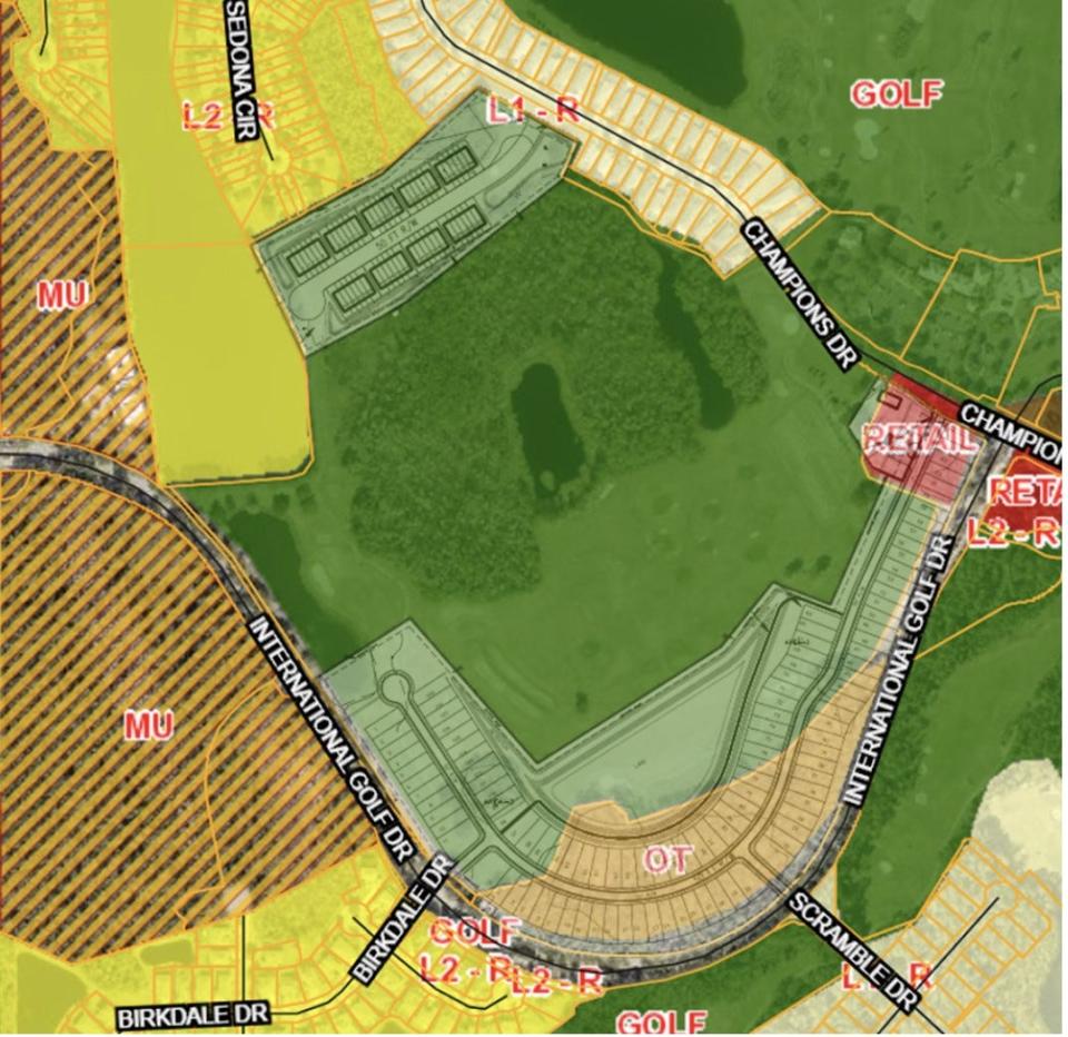 This is a screen shot of a preliminary site map for the proposed LPGA Golf Villas development at LPGA International in Daytona Beach. It shows homes and townhomes on the 30 acres where the golf community's 3-hole practice course is located. The map also shows a small area marked as potential retail, but Dennis Mrozek, Daytona Beach city planner, said the developer has no plans to include retail in the project.