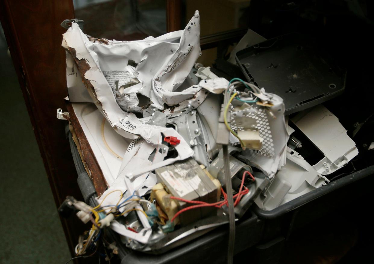 A demolished computer at the Ruff Rage Room, Sunday, April 7, 2024, in Sheboygan, Wis.