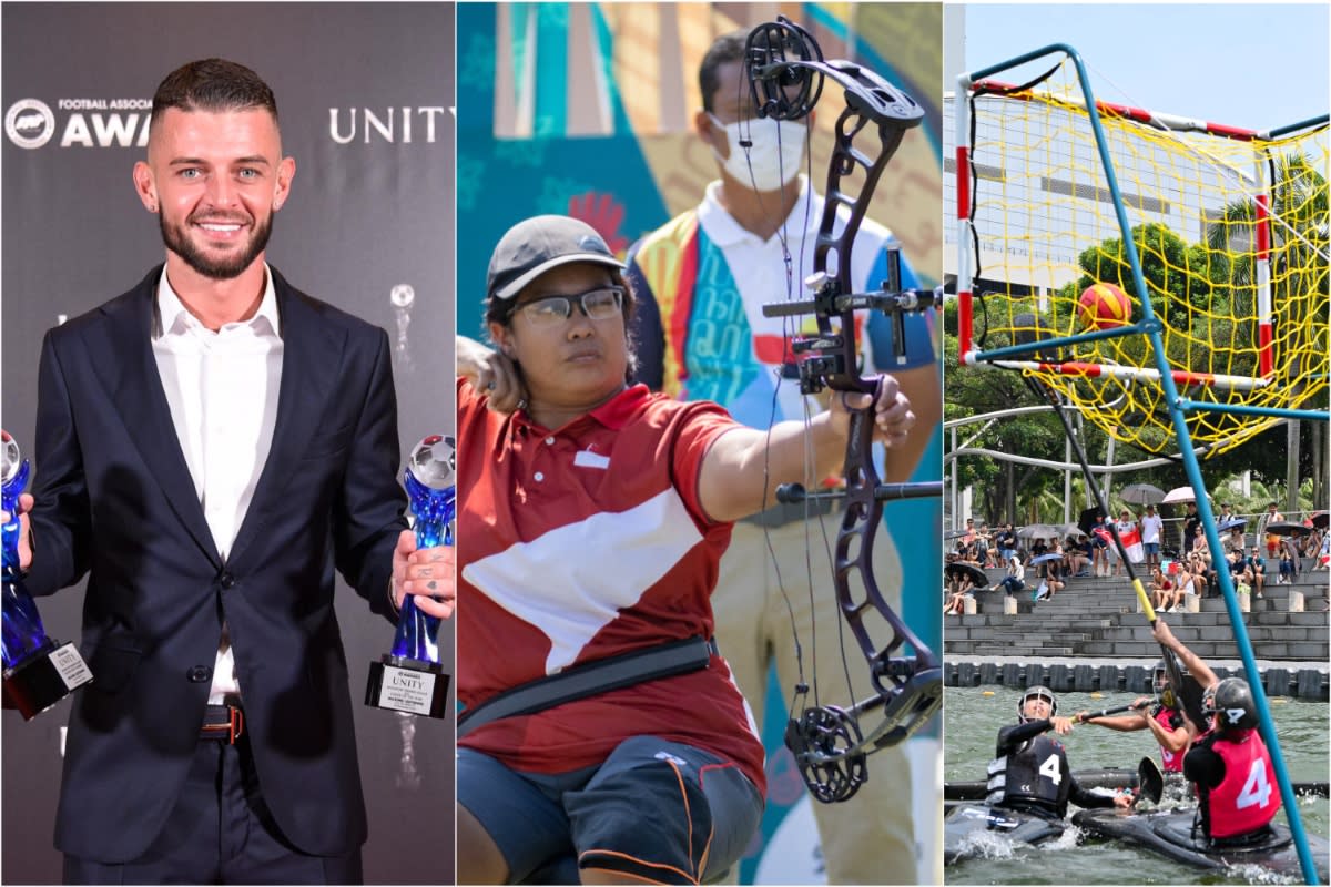 (From left) Lion City Sailors' Maxime Lestienne wins the SPL Player of the Year honours, para-archer Nur Syahidah Alim clinches gold at the Asian Para Archery Championships, and Singapore U-21 women's canoe polo team wins title at the Asian Canoe Polo Championships. (PHOTOS: Lion City Sailors/SNPC/SCF)