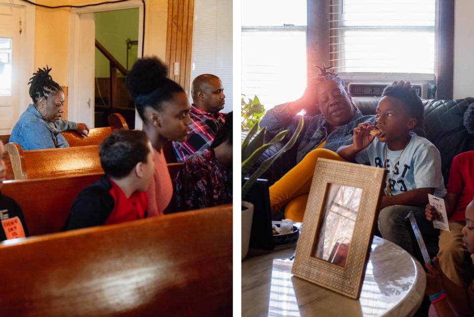 left: Nikki Murray, center right, prays during Sunday service at Wood Street Baptist Church. Right: Nikki Murray, left, gathers with her family members at her home. As younger generations express skepticism about the value of college, Murray said it’s too soon to know if her grandkids will choose to continue their education after high school. (Desiree Rios/The Texas Tribune)