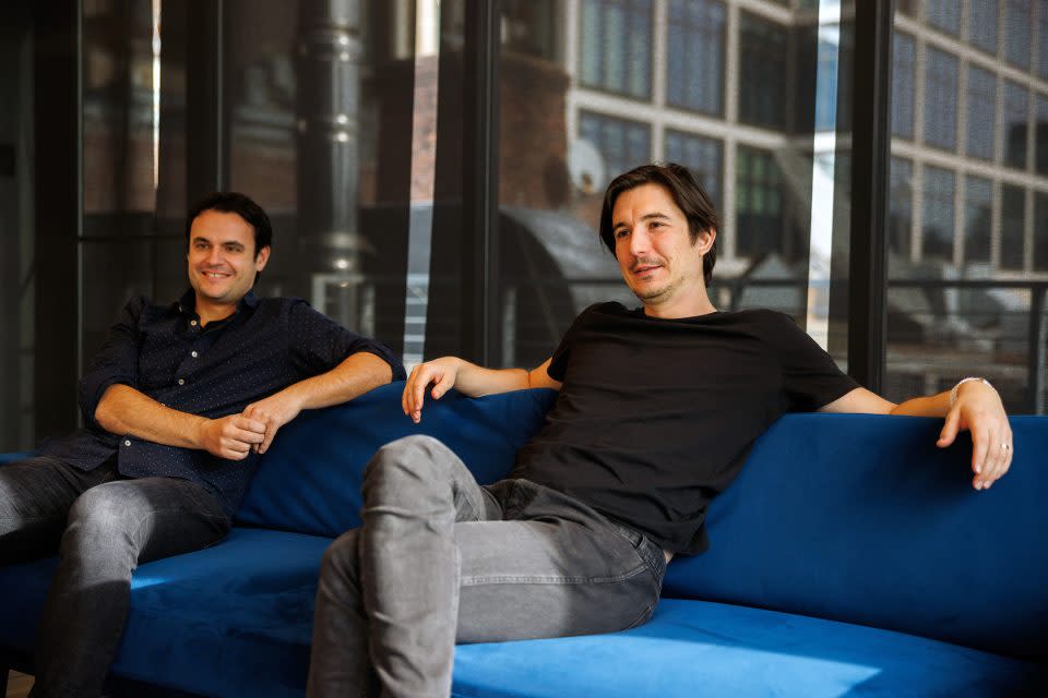 Robinhood CEO Vladimir Tenev and Crypto General Manager Johann Kerbrat photographed at Robinhood's offices during an interview with Fortune reporter Ben Weiss in New York, NY on Dec. 5, 2023. Photograph by Benjamin Norman for Fortune