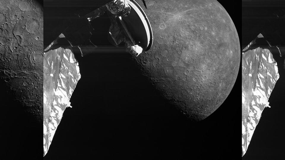 La sonde spatiale BepiColombo a capturé ces images lors de son troisième survol de Mercure le 19 juin 2023. De nombreuses caractéristiques géologiques sont visibles, notamment le cratère d'impact Manley, récemment nommé. - ESA/BepiColombo/MTM