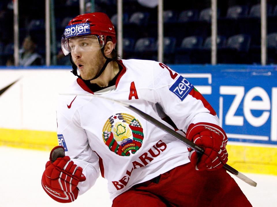 Konstantin Koltsov #28 of Belarus celebrates his second period goal during the game against Switzerland at the IIHF World Ice Hockey Championship preliminary round at Colisee Pepsi on May 05, 2008 in Quebec City, Quebec, Canada