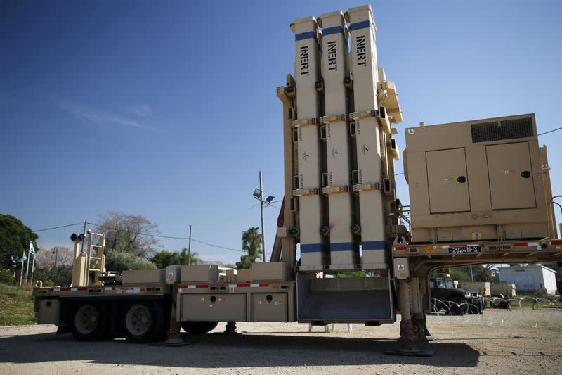 FILE PHOTO: An inactive version of Israel's air defense system, David's Sling, jointly developed with the United States, is seen at a media event during a joint exercise between the two countries in Hatzor air base near Tel Aviv