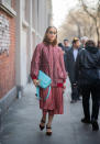 <p>Jasmine Sanders arrives at the Fendi show in a printed co-ord with a baby blue Fendi bag to hand. <em>[Photo: Getty]</em> </p>