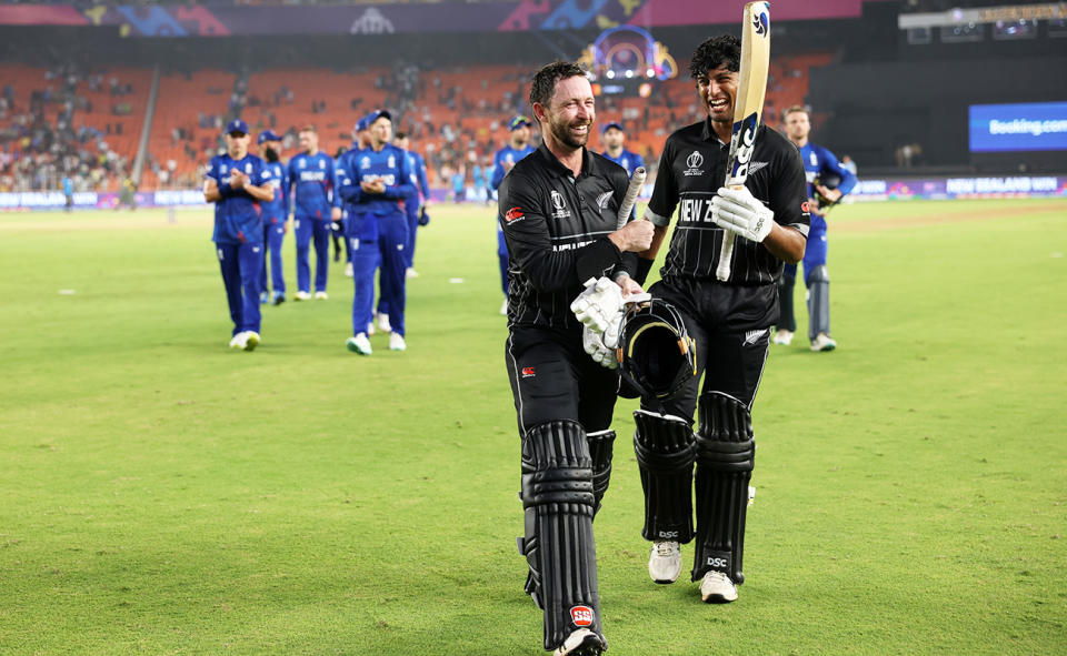 Devon Conway and Rachin Ravindra, pictured here after New Zealand's win over England at the Cricket World Cup.