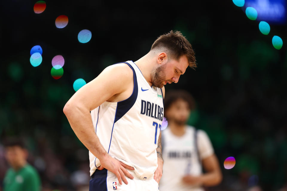 BOSTON, MASSACHUSETTS - JUNE 09: Luka Doncic #77 of the Dallas Mavericks reacts during the first quarter against the Boston Celtics in Game Two of the 2024 NBA Finals at TD Garden on June 09, 2024 in Boston, Massachusetts. NOTE TO USER: User expressly acknowledges and agrees that, by downloading and or using this photograph, User is consenting to the terms and conditions of the Getty Images License Agreement. (Photo by Maddie Meyer/Getty Images)