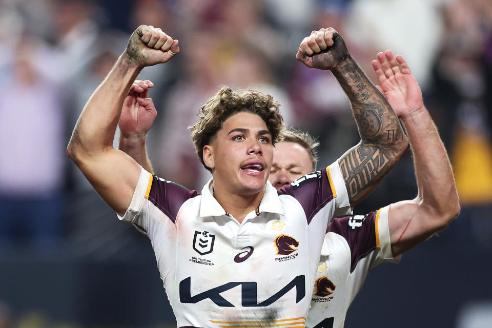 LAS VEGAS, NEVADA - MARCH 02: Reece Walsh of the Broncos celebrates scoring a try during the round one NRL match between Sydney Roosters and Brisbane Broncos at Allegiant Stadium, on March 02, 2024, in Las Vegas, Nevada. (Photo by Ezra Shaw/Getty Images)