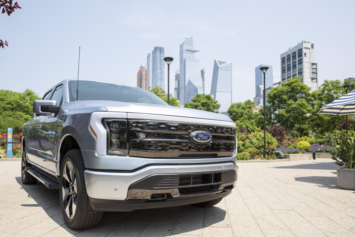 IMAGE DISTRIBUTED FOR FORD MOTOR COMPANY - All-Electric Ford F-150 Lightning on display in New York City after being revealed last week. F-150 Lightning is a pillar of the company's more than $22 billion global electric vehicle plan to lead electrification in areas of strength. F-150 Lightning will roll off the line next year at a new high-tech factory using sustainable manufacturing practices at Ford's storied Rouge complex in Dearborn just outside Detroit. Shot on Wednesday, May 26, 2021 in New York. (Ann-Sophie Fjello-Jensen/AP Images for Ford Motor Company)