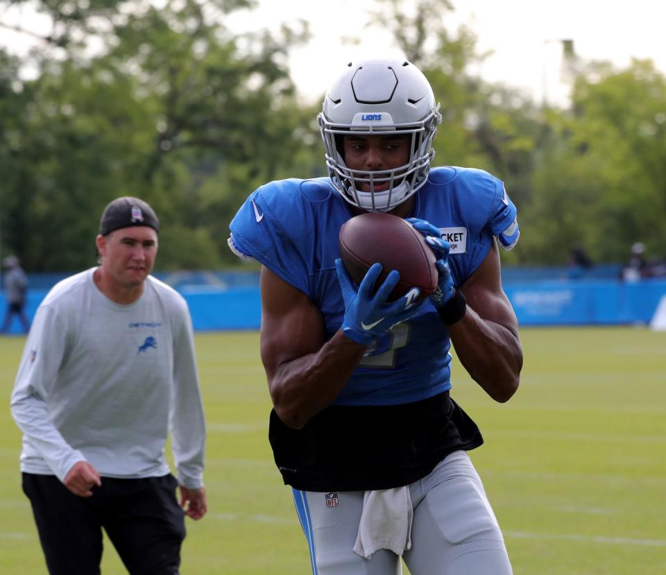 Lions receiver Tyrell Williams catches a pass during training camp on Tuesday, August 3, 2021, in Allen Park.
