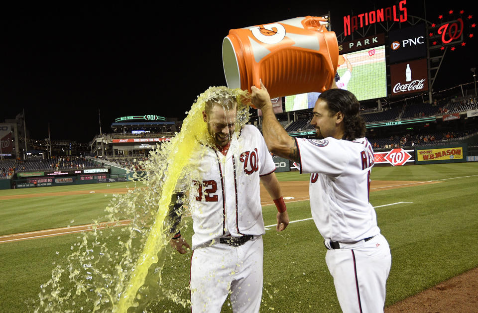 <p>Washington Nationals’ Anthony Rendon, right, douses Matt Wieters after the team’s baseball game against the Baltimore Orioles, May 10, 2017, in Washington. Wieters drove in the winning runs in the ninth as the Nationals won 7-6. (Photo: Nick Wass/AP) </p>