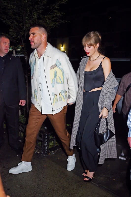 NEW YORK, NY - OCTOBER 15: Travis Kelce and Taylor Swift are seen leaving the SNL after party on October 15, 2023 in New York, New York. (Photo by MEGA/GC Images)<p>MEGA/Getty Images</p>