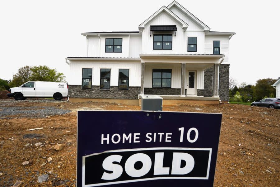 A home under construction marked as "SOLD" at a development in Eagleville, Pa., is shown on Friday, April 28, 2023. The United States is slogging through a housing affordability crisis that was decades in the making. (AP Photo/Matt Rourke, File)
