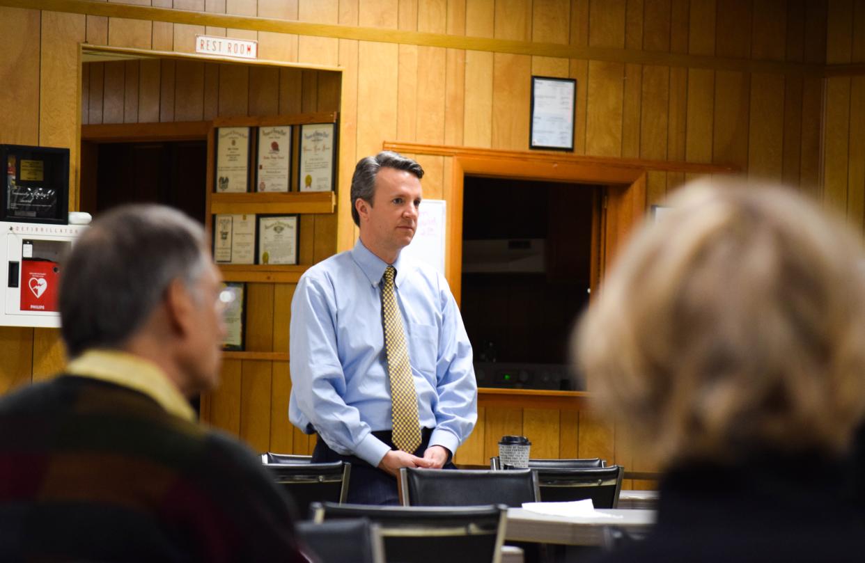 Rep. Ben Cline (R-Botetourt) listens to a constituent's question on Jan. 7, 2020, during a Staunton town hall. Cline answered questions about a variety of issues, including climate change, the economy, Iran and impeachment.