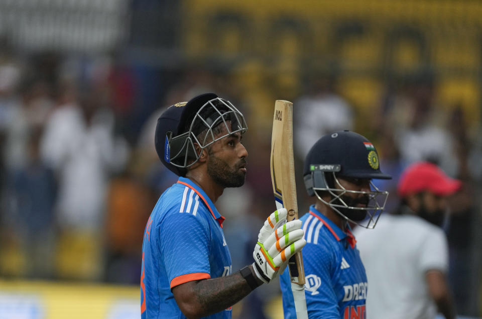 India's Suryakumar Yadav acknowledges the crowd after India's innings during the second one day international cricket match between India and Australia in Indore, India, Sunday, Sept. 24, 2023. (AP Photo/Ajit Solanki)