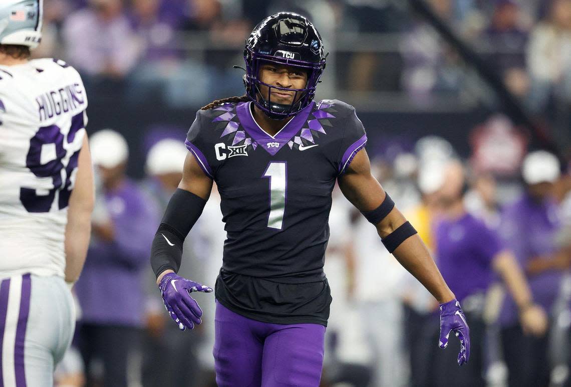 TCU wide receiver Quentin Johnston reacts during the first half of the 2022 Dr. Pepper Big 12 Championship against Kansas State on Saturday, December 3, 2022.