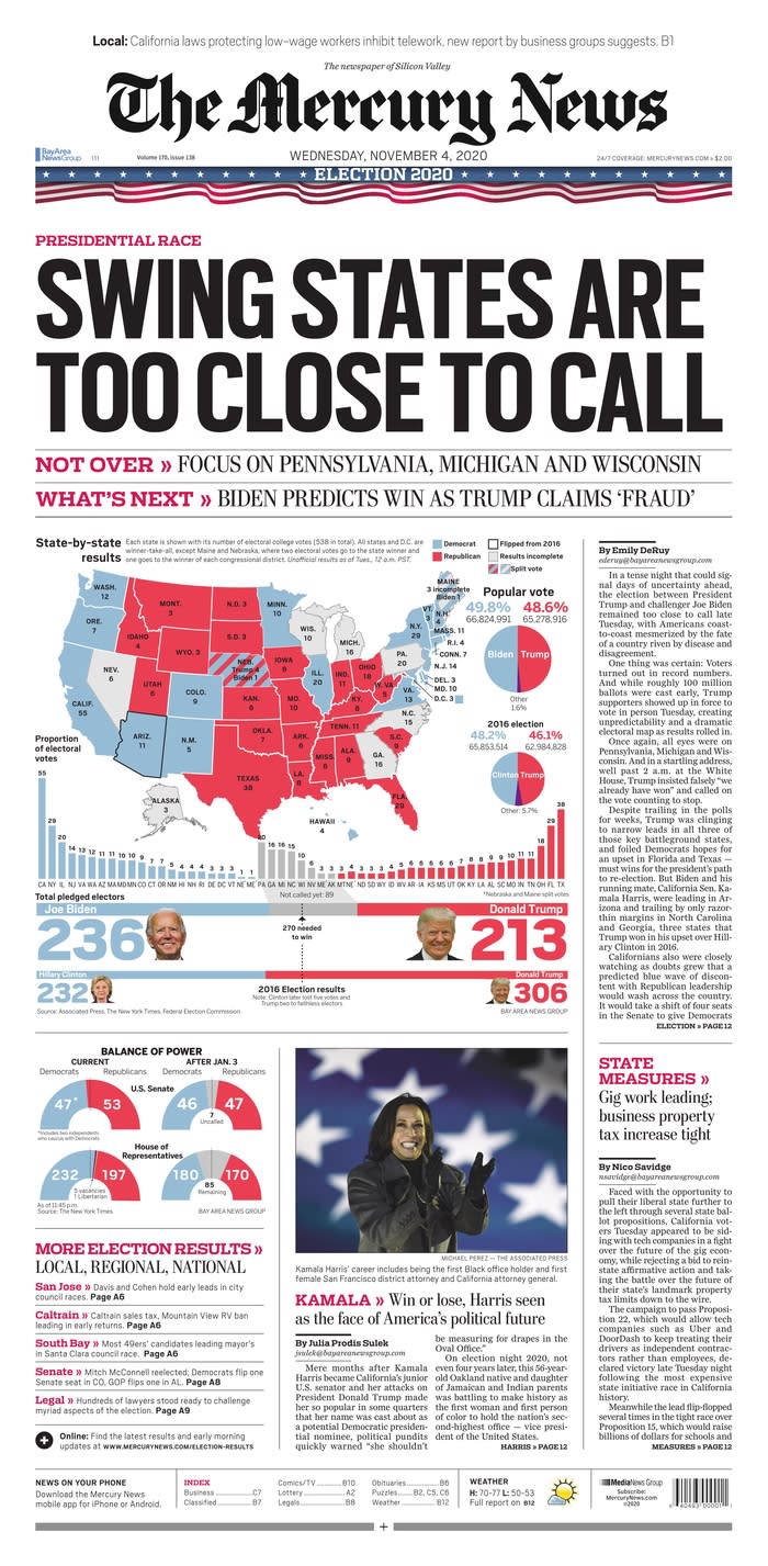 THE MERCURY NEWS, Published in San Jose, Calif. USA (Courtesy <a href="https://www.newseum.org/todaysfrontpages/" rel="nofollow noopener" target="_blank" data-ylk="slk:Newseum;elm:context_link;itc:0;sec:content-canvas" class="link ">Newseum</a>)