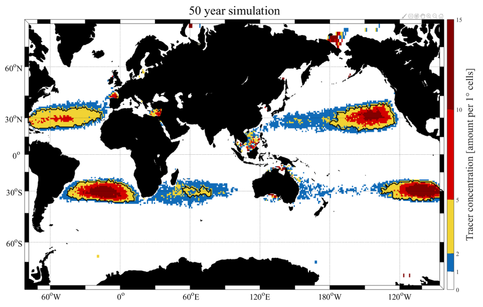 <span class="caption">Localizaciones de las cinco islas subtropicales de basura.</span> <span class="attribution"><span class="source">van der Mheen et al. (2019)</span></span>