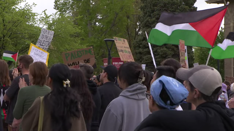Hundreds of students and community members gathered on the University of Utah campus on April 29, 2024. The demonstrators were protesting in support of Palestine and some set up tents, saying they would not leave until their demands were met. (KTVX/Jose Tabares)