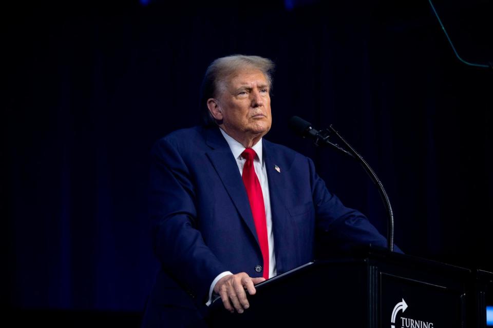 PHOTO: Donald Trump gives the keynote address at Turning Point Action's 'The People's Convention' on June 15, 2024 in Detroit, Michigan. (Bill Pugliano/Getty Images)