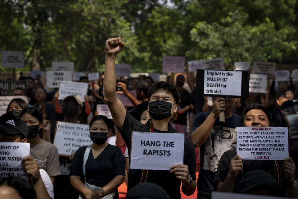 Kuki tribal protestors shout slogans during a demonstration against deadly ethnic clashes in the country's northeastern state of Manipur, in New Delhi, India, Saturday, July, 22, 2023. Protests are being held across the country after a video showed a mob assaulting two women who were paraded naked. Thousands of people, mostly women, held a massive sit-in protest in India's violence-wracked northeastern state of Manipur state demanding immediate arrest of those involved in the harrowing assault. (AP Photo/Altaf Qadri)