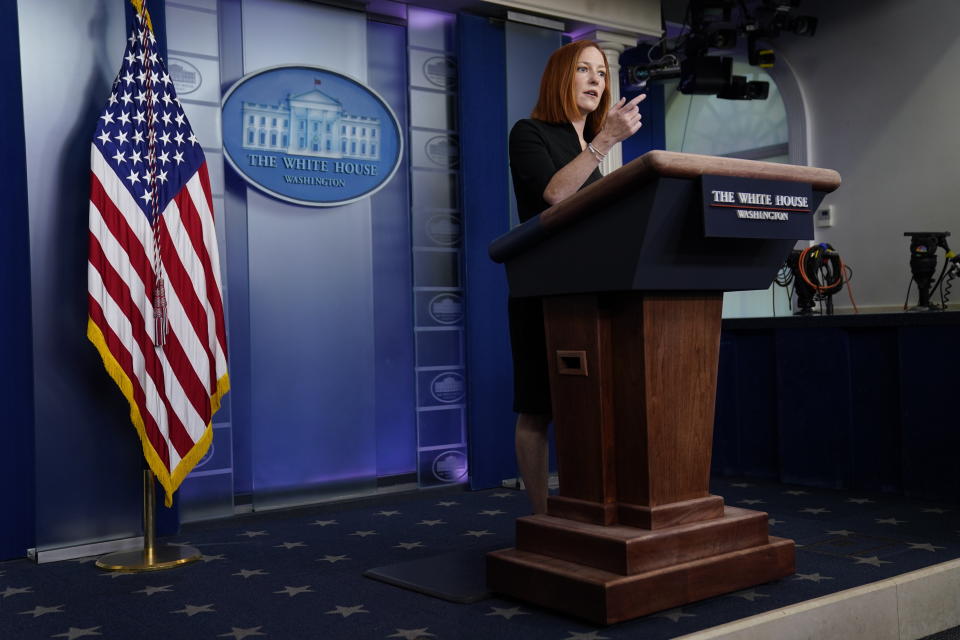 White House press secretary Jen Psaki speaks during a press briefing at the White House, Tuesday, March 30, 2021, in Washington. (AP Photo/Evan Vucci)