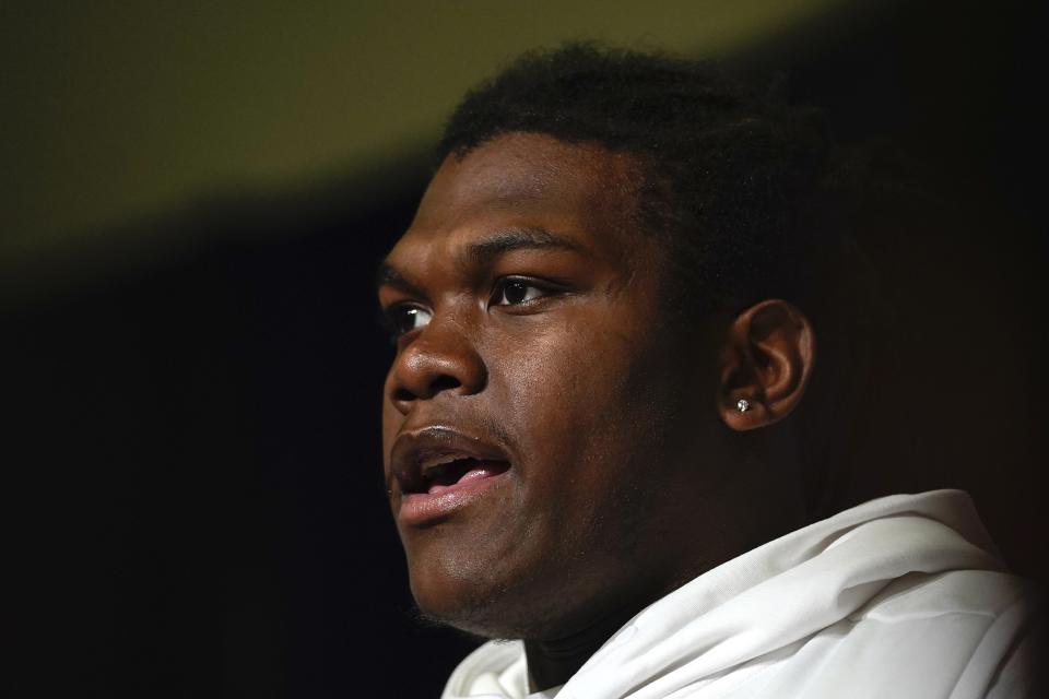 Georgia offensive lineman Broderick Jones speaks during a news conference at the NFL football scouting combine, Saturday, March 4, 2023, in Indianapolis. (AP Photo Erin Hooley)