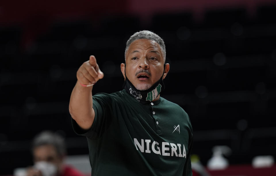 Nigeria's head coach Otis Hughley Jr gestures during women's basketball preliminary round game between United States of America and Nigeria at the 2020 Summer Olympics, Tuesday, July 27, 2021, in Saitama, Japan. (AP Photo/Eric Gay)