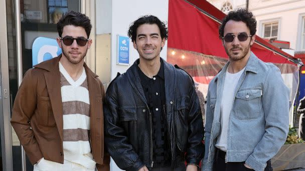 PHOTO: Nick Jonas, Joe Jonas and Kevin Jonas from the 'Jonas Brothers' arriving at Global Radio Studios to promote their new single 'Waffle House,' April 11, 2023, in London. (GC Images/Getty Images)