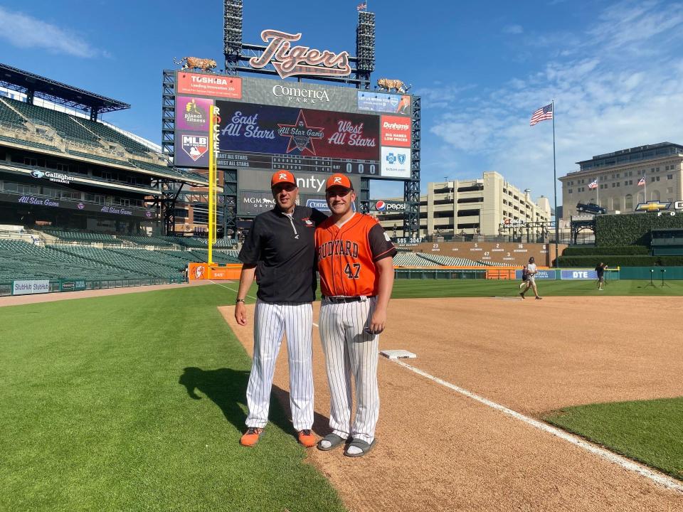 Rudyard baseball coach Billy Mitchell and senior EJ Suggitt are pictured at Comerica Park. Suggitt played in the MHSBCA All-Star Game, while Mitchell was one of the coaches for the West Team. Suggitt was also recently named to the MHSBCA All-State Second Team.