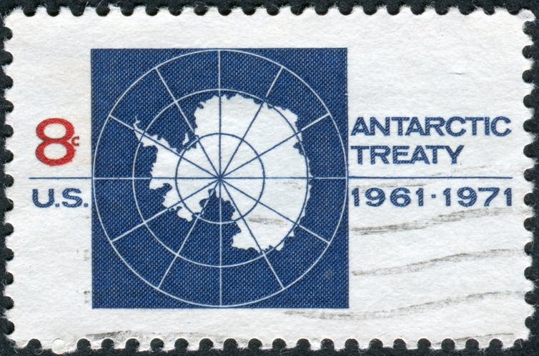 <span class="caption">The first Antarctic Treaty featured 12 countries, and came into effect in 1961.</span> <span class="attribution"><a class="link " href="https://www.shutterstock.com/image-photo/usa-circa-1971-stamp-printed-united-133558022?src=qUrU0uQK2RGpDaLQ40F1tg-1-17" rel="nofollow noopener" target="_blank" data-ylk="slk:shutterstock;elm:context_link;itc:0">shutterstock</a></span>