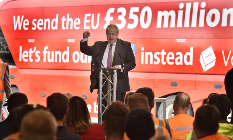 Former Mayor of London Boris Johnson speaks to employees during a visit to Reid Steel, Christchurch, Dorset, ahead of the June 23 referendum.