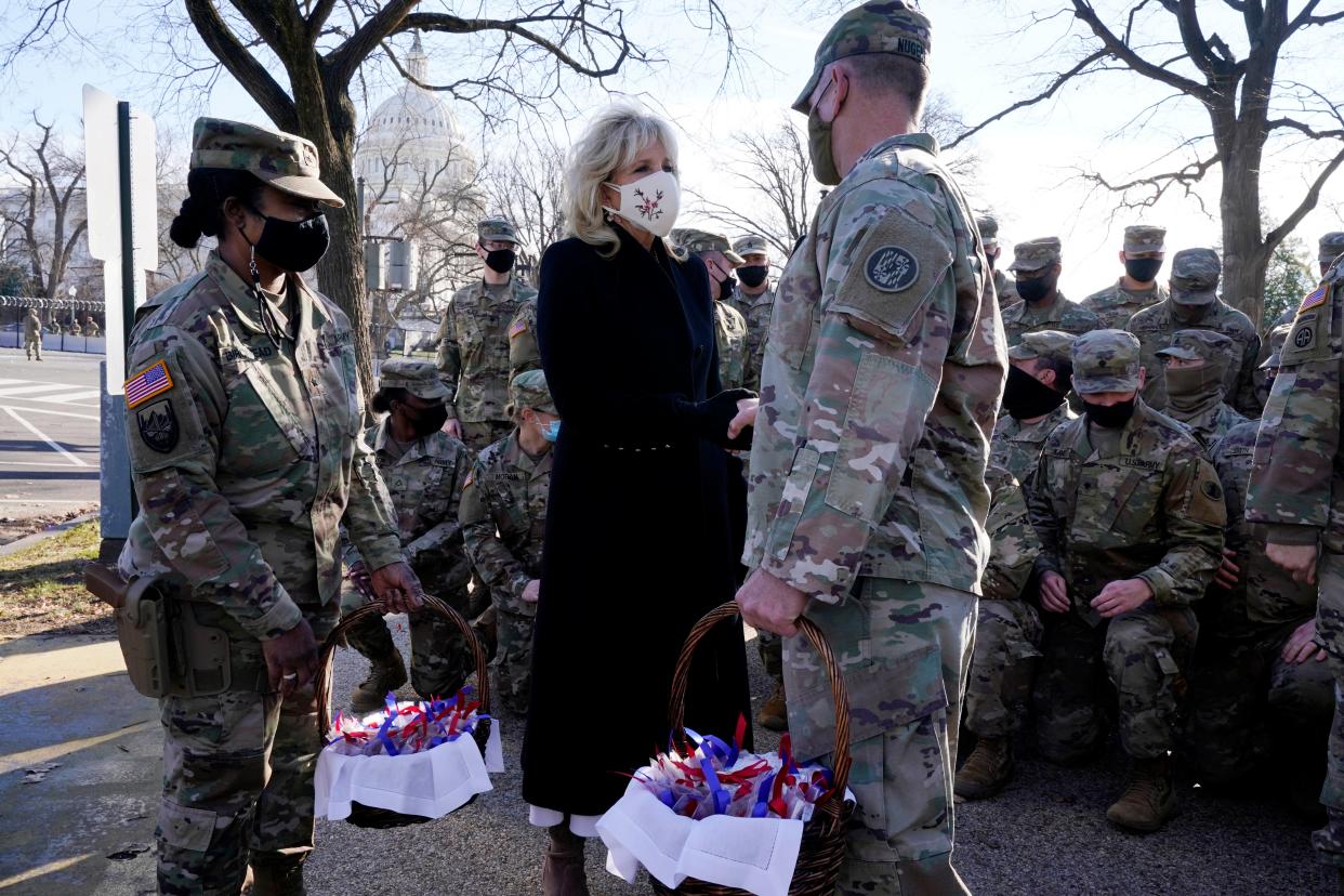 <p>Dr Jill Biden made a surprise visit to the US Capitol to thank the National Guard troops who were working to protect Washington DC</p> (AP)