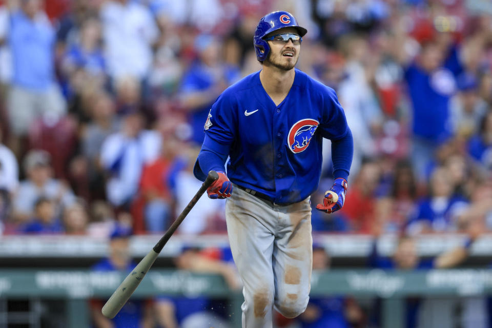 Chicago Cubs' Zach McKinstry watches his three-run home run during the sixth inning of a baseball game against the Cincinnati Reds in Cincinnati, Wednesday, Oct. 5, 2022. (AP Photo/Aaron Doster)