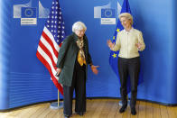 US Treasury Secretary Janet Yellen, left, is welcomed by President of the EU Commission Ursula von der Leyen in Brussels, Tuesday, May 17, 2022. Secretary Yellen earlier today addressed the Brussels Economic Forum about the way forward for the global economy in the wake of Russia's brutal war against Ukraine, and discussed the unmet challenges that would benefit from multilateral cooperation in the years ahead. (Olivier Matthys/Pool photo via AP)