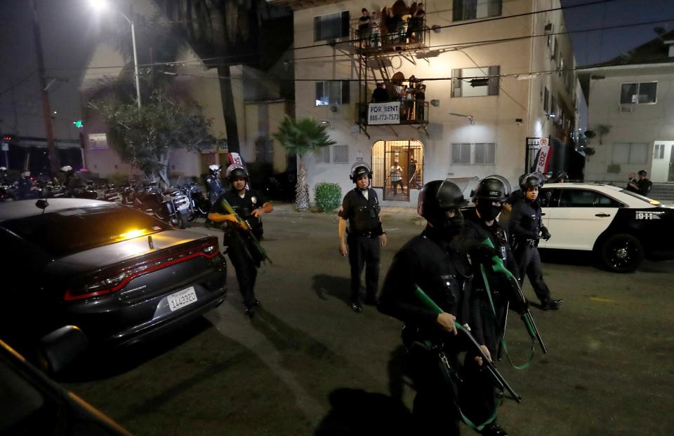 Police clear protesters from 18th Street in downtown Los Angeles on election night.