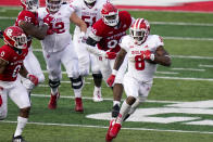 Indiana running back Stevie Scott III (8) carries during the second quarter of the team's NCAA college football game against Rutgers, Saturday, Oct. 31, 2020, in Piscataway, N.J. (AP Photo/Corey Sipkin)