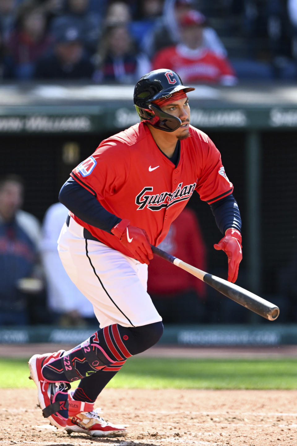 Cleveland Guardians' Josh Naylor starts to run out a three-run double during the seventh inning of a baseball game against the Oakland Athletics, Sunday, April 21, 2024, in Cleveland. (AP Photo/Nick Cammett)