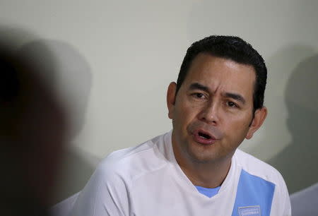 Guatemalan presidential candidate Jimmy Morales of the National Convergence Front speaks at a news conference in Guatemala City September 7, 2015. REUTERS/Jorge Dan Lopez