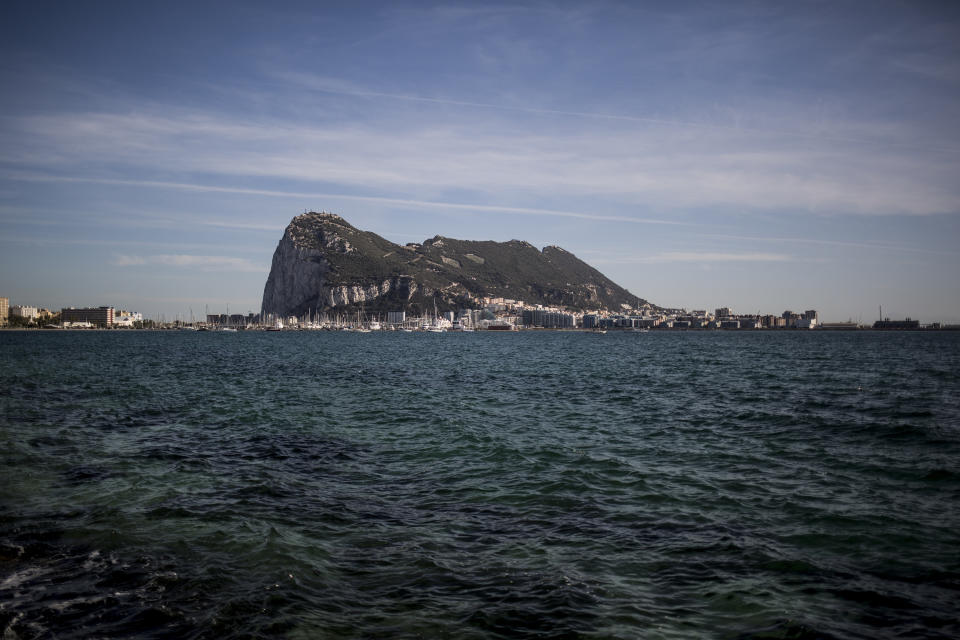 Aerial view of Gibraltar rock seen from the neighbouring Spanish city of La Linea, during a general election in Gibraltar, Thursday Oct. 17, 2019, with Brexit being one of the major topics under consideration after some 96 per-cent of residents voted to remain in Europe in the original 2016 referendum.  An election for Gibraltar's 17-seat parliament is taking place under a cloud of uncertainty about what Brexit will bring for the British territory on Spain's southern tip.  (AP Photo/Javier Fergo)