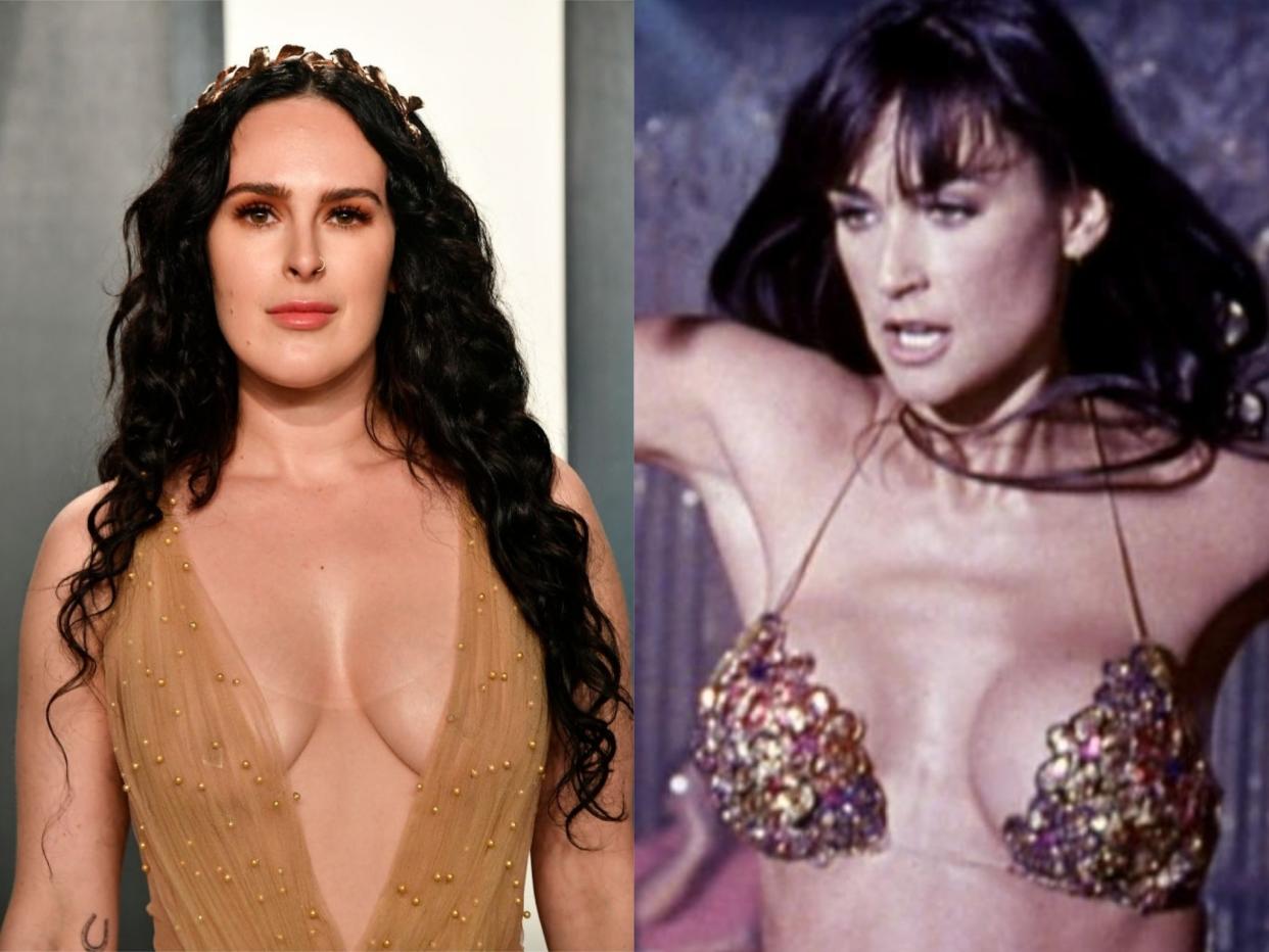 Rumer Willis at an Oscar party in February, and Demi Moore in ‘Striptease’ (Frazer Harrison/Getty Images/Castle Rock)