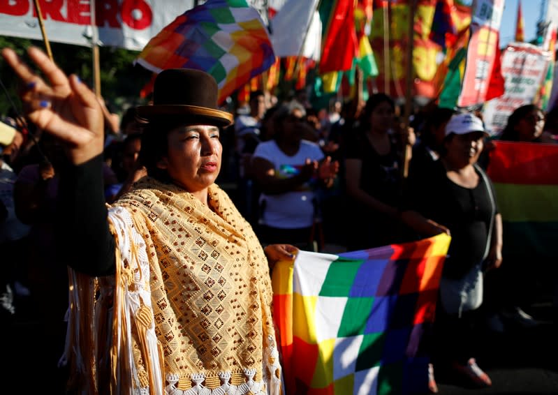 Supporters of Bolivia's ousted President Evo Morales gather outside the U.S. embassy in Buenos Aires to protest against the U.S. government, in Buenos Aires