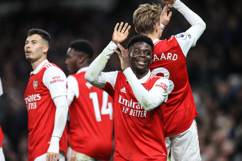 LONDON, ENGLAND - JANUARY 15: Bukayo Saka of Arsenal celebrates their second goal with goalscorer Martin Odegaard during the Premier League match between Tottenham Hotspur and Arsenal FC at Tottenham Hotspur Stadium on January 15, 2023 in London, United Kingdom. (Photo by Charlotte Wilson/Offside/Offside via Getty Images)