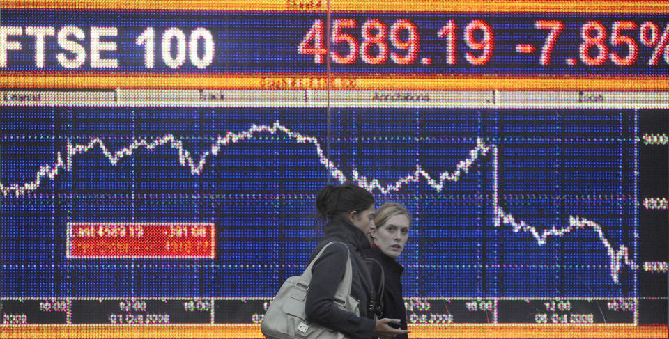 Pedestrians pass a screen showing a graph of the FTSE 100 share index,  in west London October 6, 2008. Britain's leading share index recorded its biggest ever one-day points fall on Monday with banking and commodity stocks taking a battering as the fallout from financial crisis once again overwhelmed global markets.      REUTERS/Toby Melville (BRITAIN)