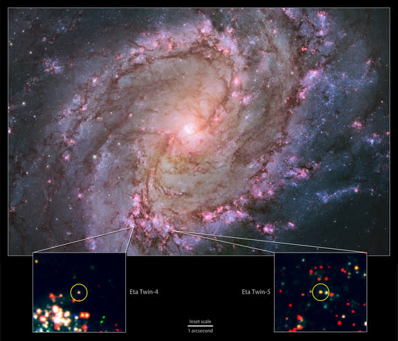 Hubble view of M83 -- the only galaxy known to host two potential "Eta twins." Its high rate of star formation increases the chances of finding massive stars that have recently undergone an Eta Carinae-like outburst. Bottom: Hubble data showin