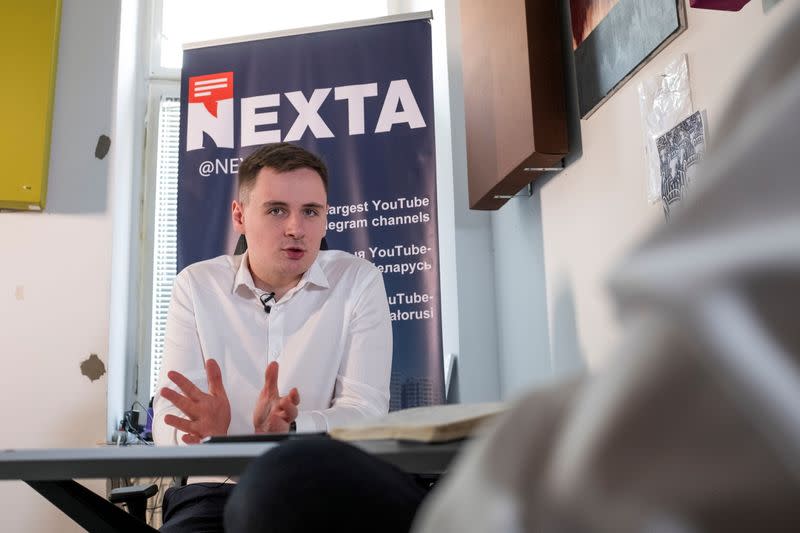FILE PHOTO: Warsaw-based Belarusian blogger Stsiapan Putsila speaks during an interview at NEXTA office in Warsaw